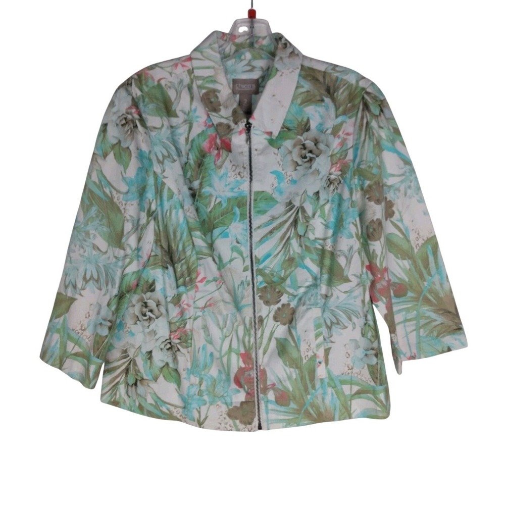 CHICOS‎ Green Blue Flower Sport Summer Light Weight Jacket Sz 2